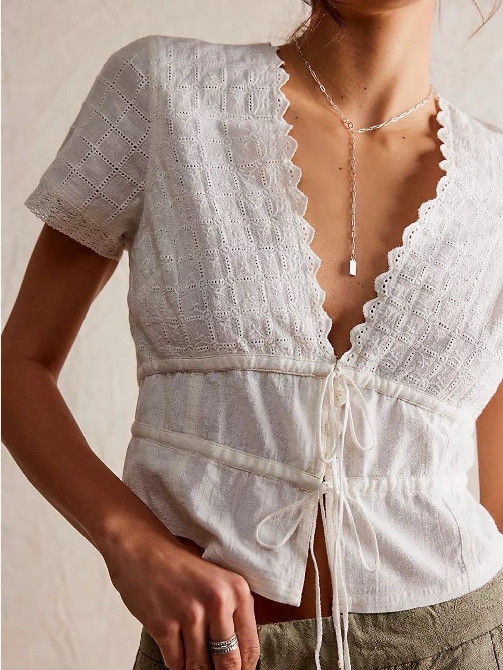 Free People We The Free Riviera Top White Short Sleeve Blouse Size Large
